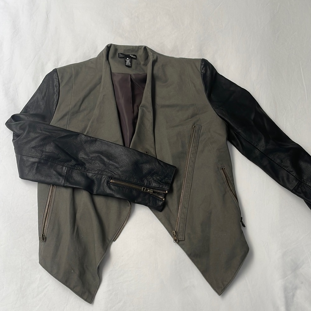 Aqua Cropped Bomber Jacket leather sleeves